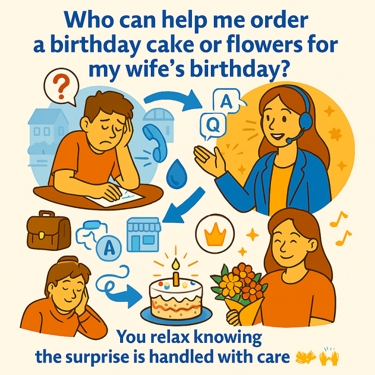 Who can help me order a birthday cake or flower for my wife's birthday?